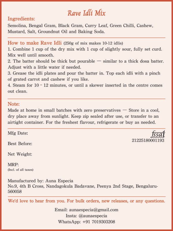 Rave idli mix back label Rave Idli Mix