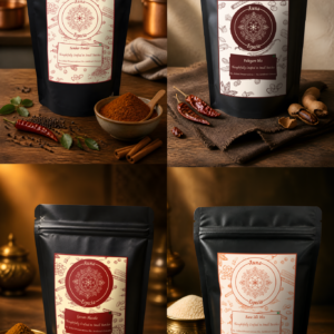 Auna Especia spice sampler kit with garam masala, sambar powder, rava idli mix, and puliogare mix