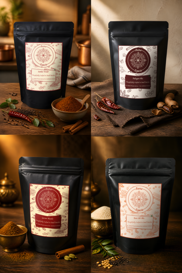 Auna Especia spice sampler kit with garam masala, sambar powder, rava idli mix, and puliogare mix